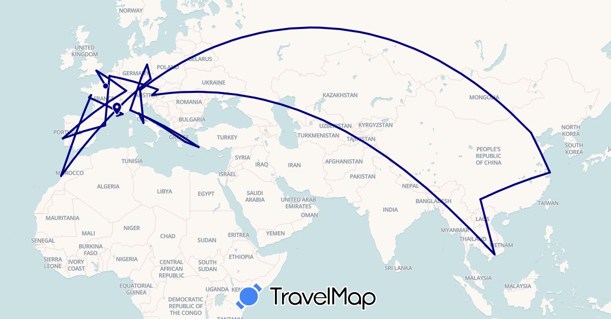 TravelMap itinerary: driving in Austria, Belgium, China, Czech Republic, Germany, Spain, France, United Kingdom, Greece, Italy, Morocco, Portugal, Vietnam (Africa, Asia, Europe)